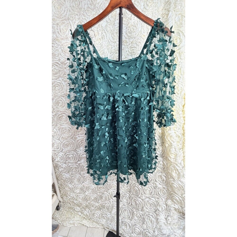 Thirty Thirty LA Emerald Green 3D Butterfly Tulle Babydoll Mini Dress Size Small - Picture 2 of 5